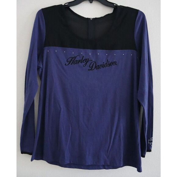 Harley-Davidson Women's Sz 2XL Blue/Black L/S Chiffon Scoop Neck Back Zip Blouse - Picture 1 of 10
